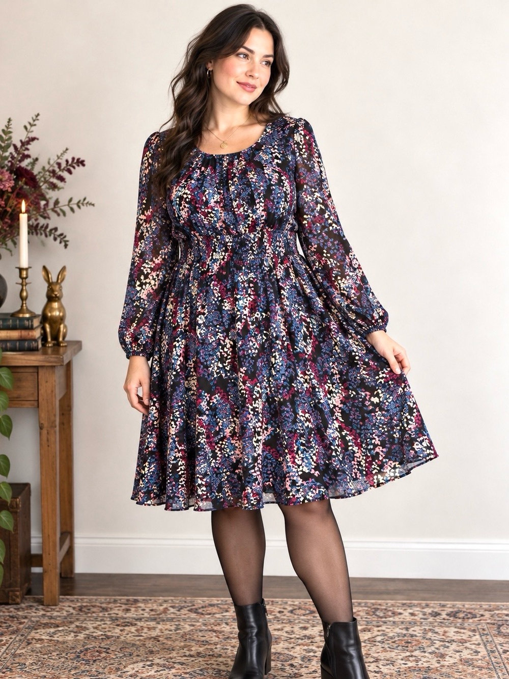 Dark Floral Midi Dress Smocked Waist Romantic Long Sleeve Whimsigoth 1X